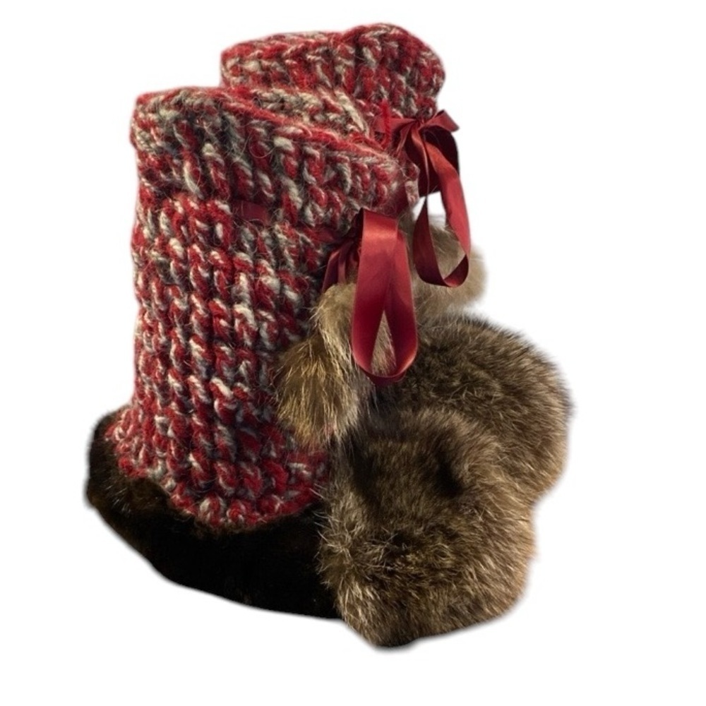 Handmade Fur Knit Mid Calf Christmas Winter Slippers Size 10